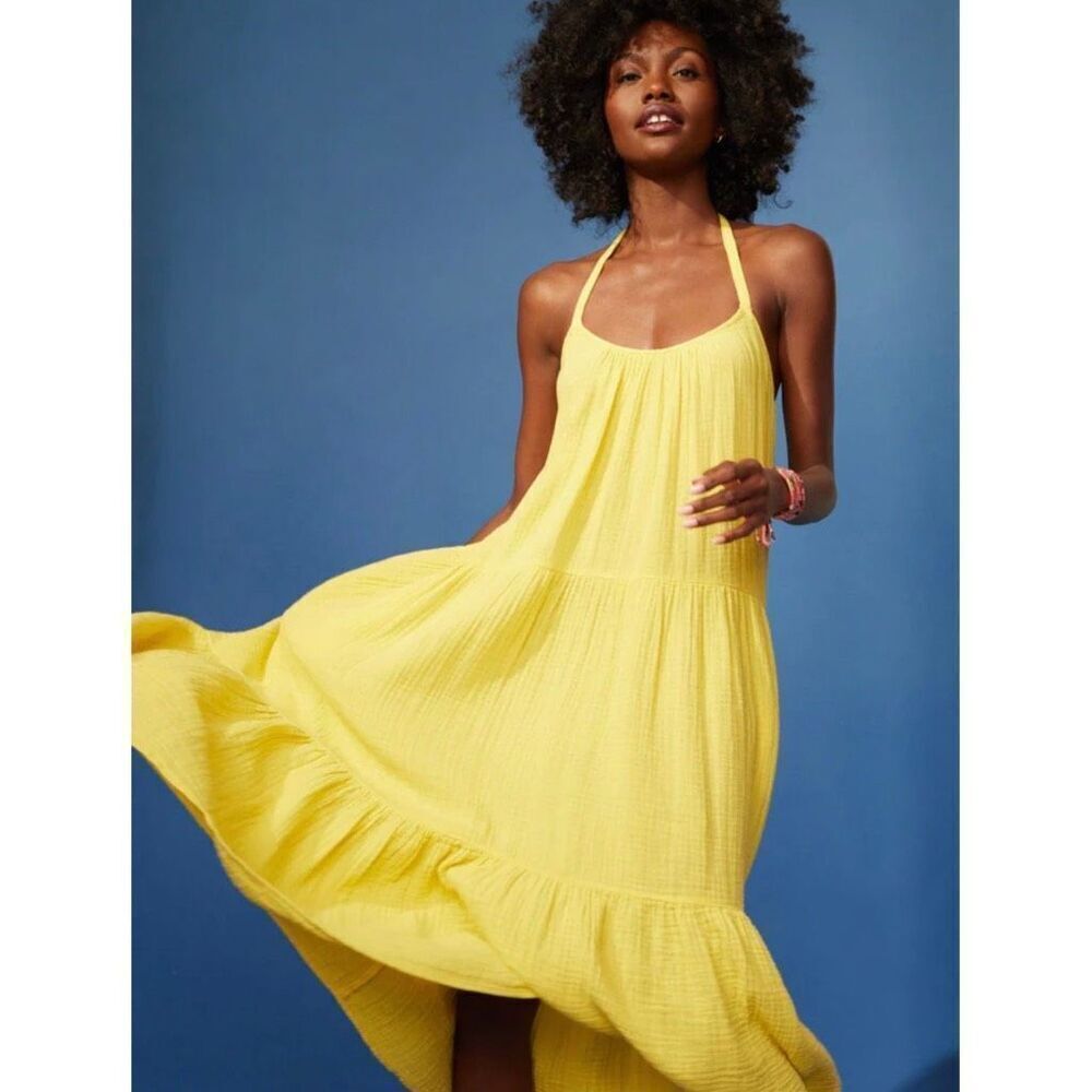 Xirena Reagan Dress Medium Yellow Limon Cotton Gauze Halter Midi Tiered Summer